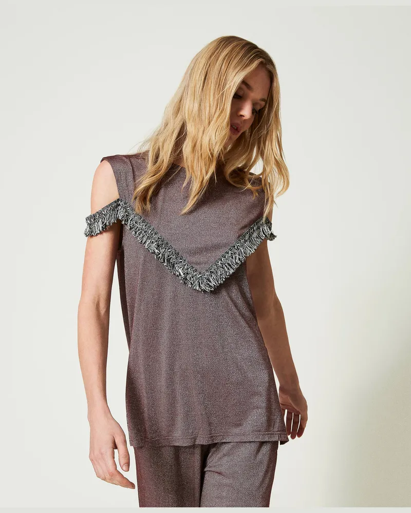 Twin-Set Bademode - Top mit zweifarbigen Fransen, „Bitter Chocolate"-Braun, Größe: L 