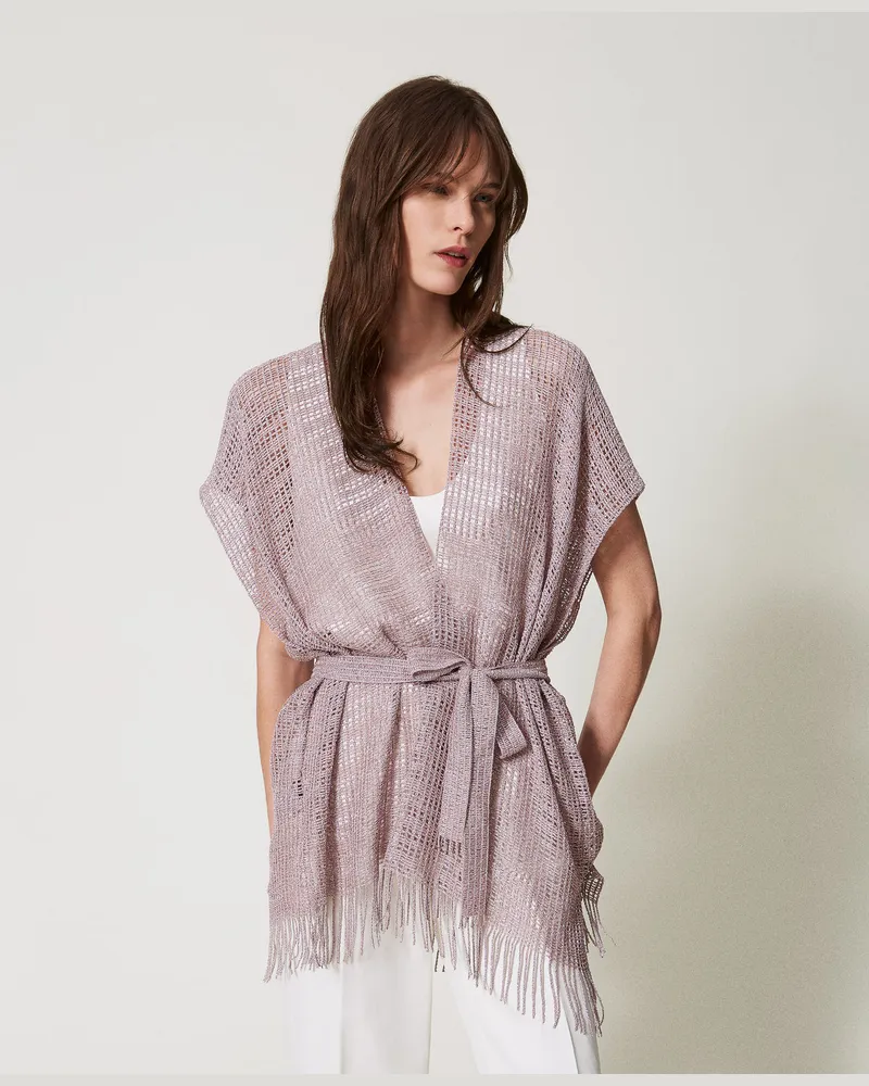 Twin-Set Cardigans - Kurzer Kaftan aus Netzstoff und Lurex mit Fransen, Fliederblütenlila, Einheitsgröße 
