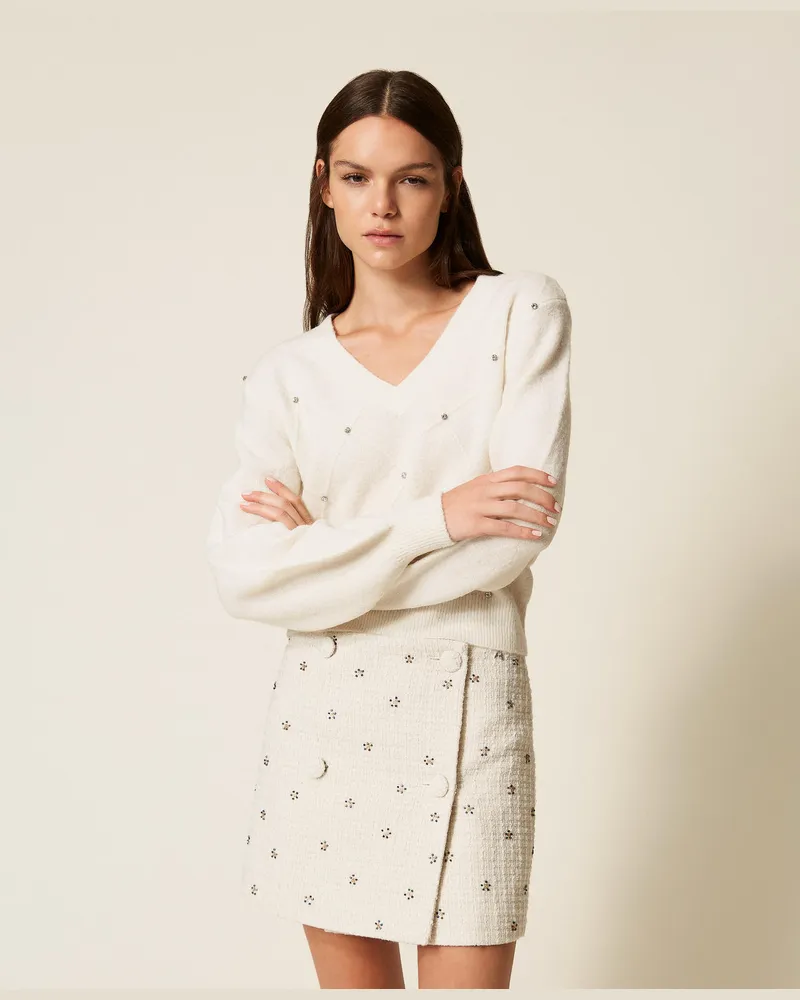 Twin-Set Pullover im Rautenmuster mit Stickerei, Mattweiß, Größe Mattweiß