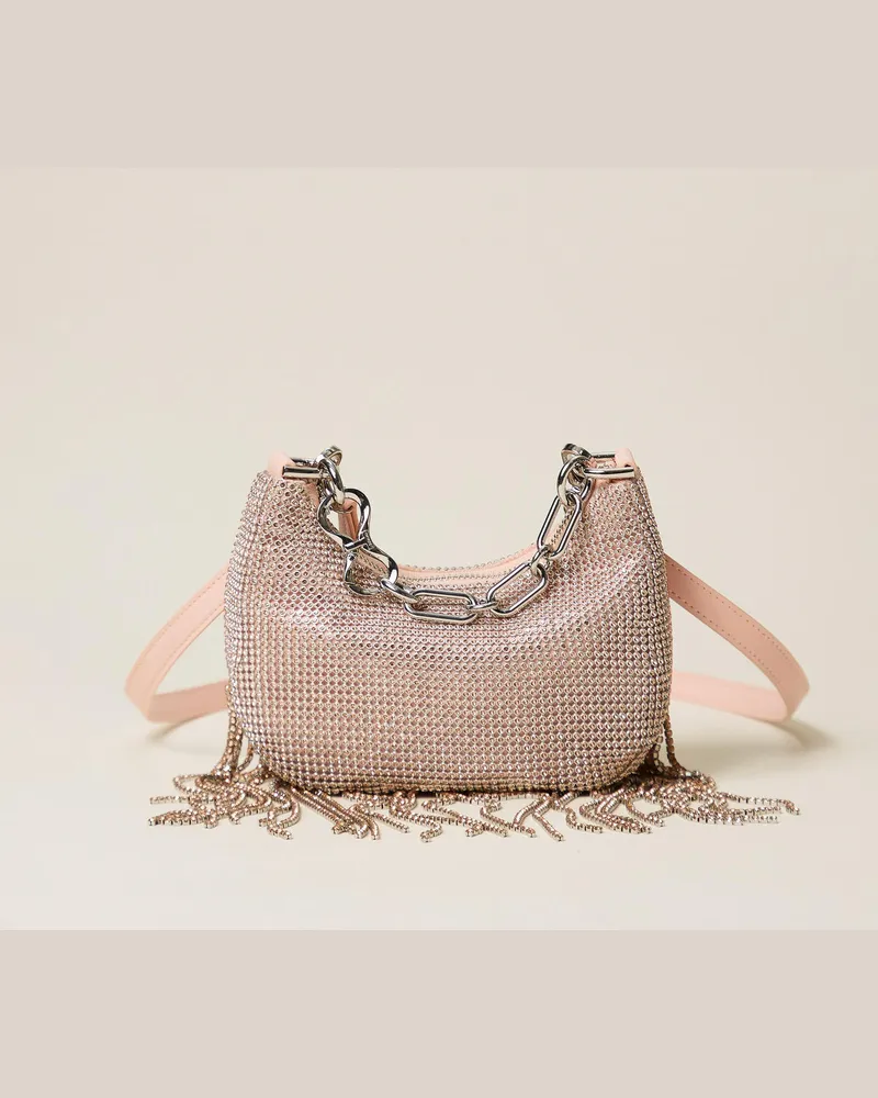 Twin-Set Tasche 'Mini Croissant' aus Strass mit Fransen Peach