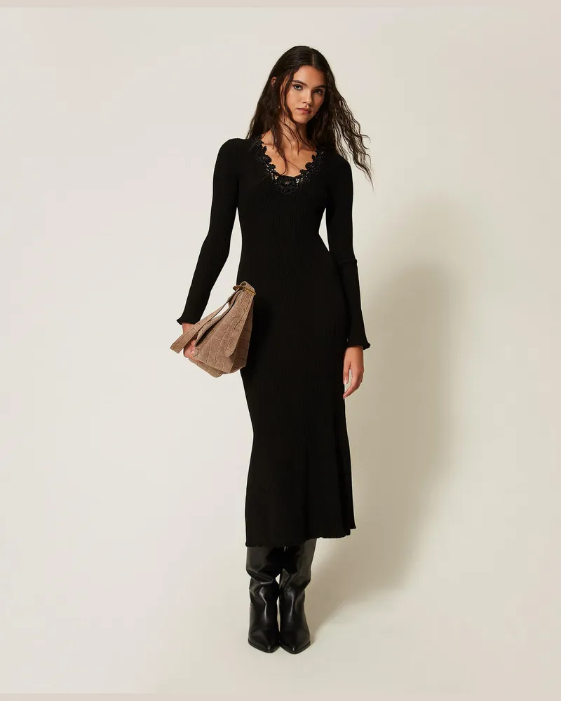 Twin-Set Maxistrickkleid mit Makrameespitze Schwarz
