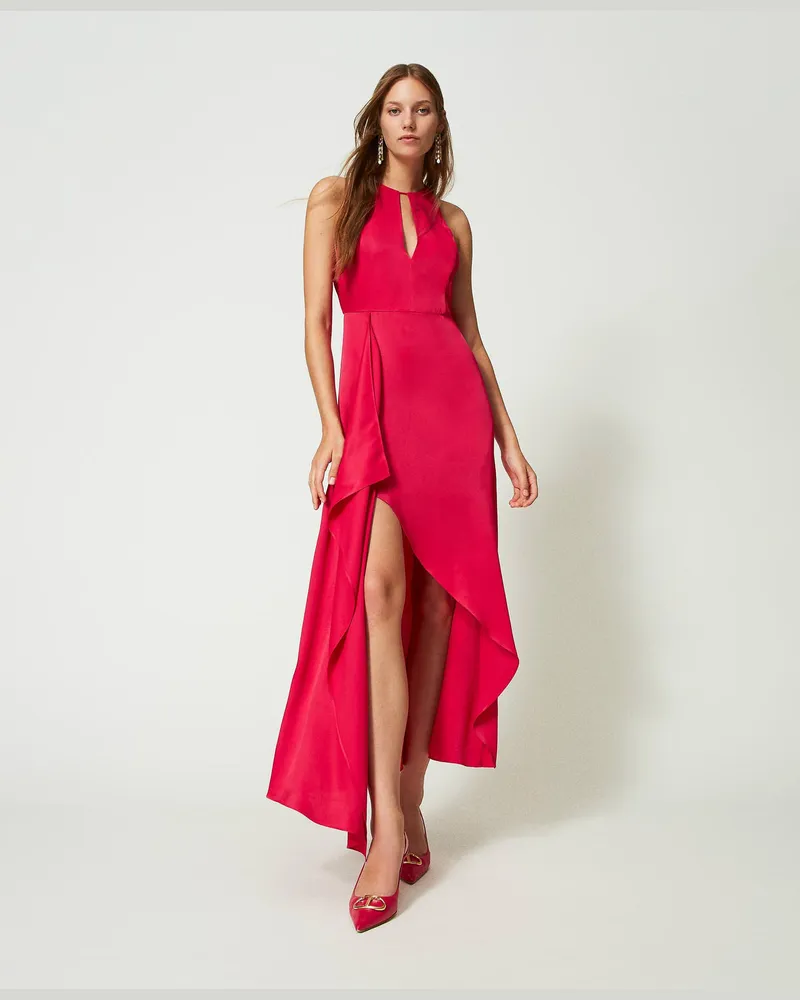Twin-Set Kleider - Asymmetrisches Maxikleid aus Satin, „Bright Rose"-Rosa, Größe „bright