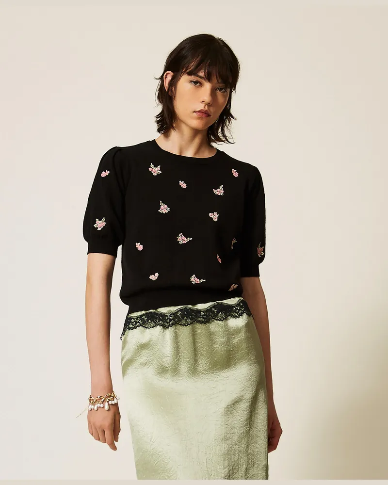 Twin-Set Pullover aus Wollmischung mit Blumenstickerei, Damen, Schwarz Schwarz