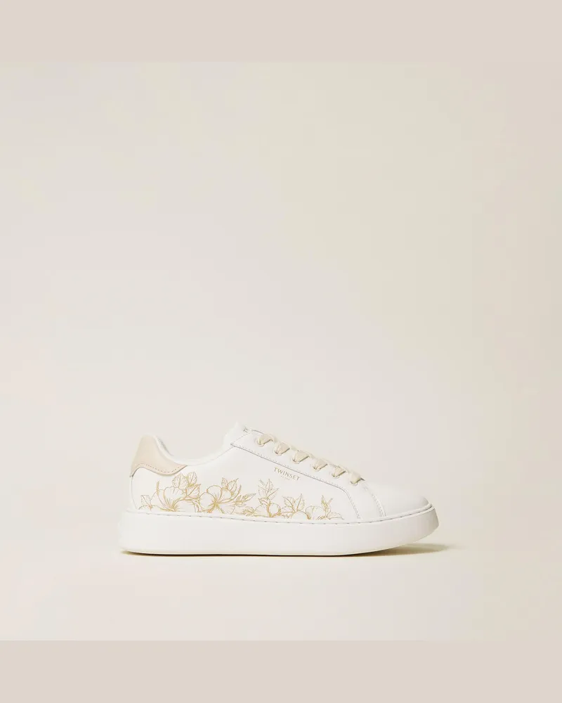 Twin-Set Schuhe - Sneakers aus Leder mit floraler Stickerei, Blumen-Print Platin, Größe Blumen-print