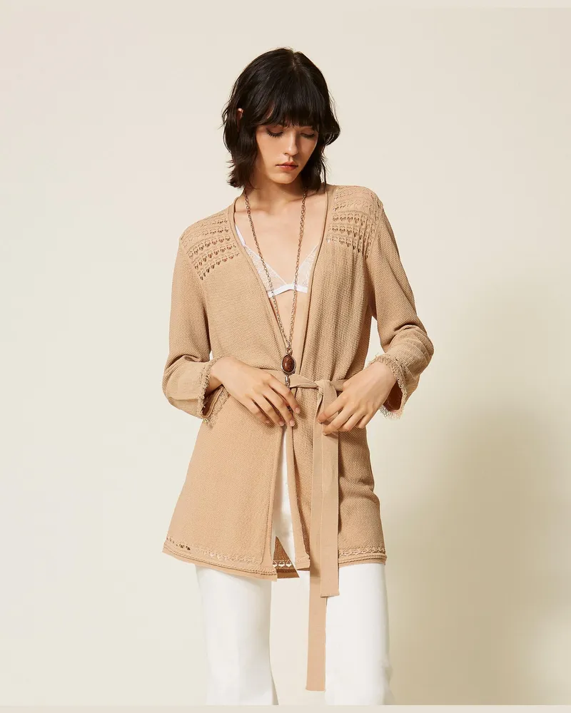 Twin-Set Strick-Cardigan mit Zopfmuster, Damen, Nougat Beige Nougat