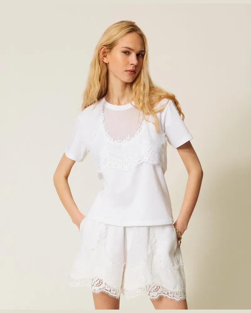 Twin-Set T-Shirts - T-Shirt mit Trompe-l'oeil-Effekt und Spitze, Weiß, Größe Weiß