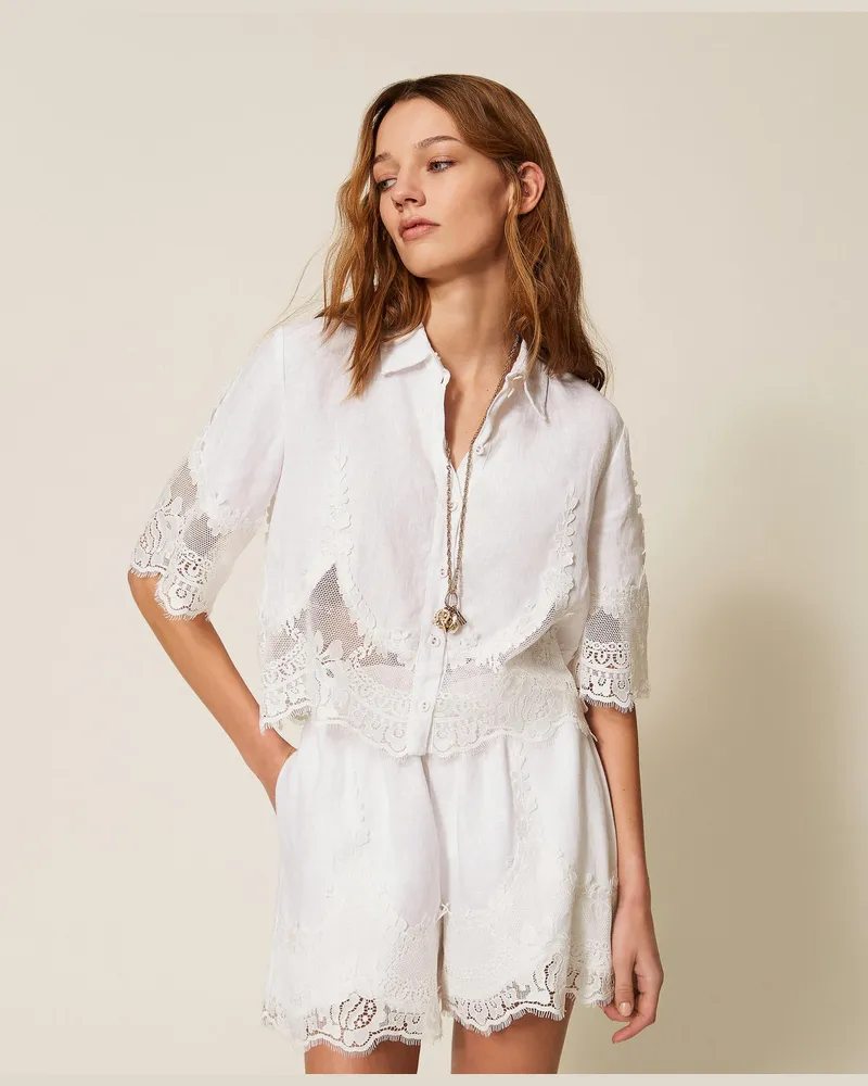 Twin-Set Hemden - Hemdbluse aus Leinen mit Spitze, Weiß, Größe Weiß