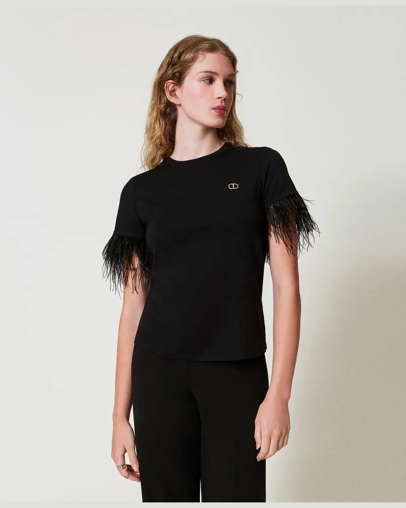 Twin-Set T-Shirts - T-Shirt mit „Oval T"-Logo und Federn, Schwarz, Baumwolle, Größe: XXS 