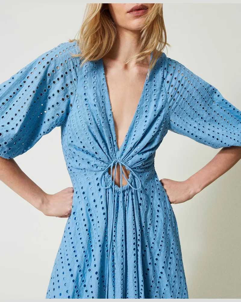 Twin-Set Bademode - Maxikleid mit Lochstickereien und Cut-out, Kornblumen Blau, Baumwolle, Größe: XL 
