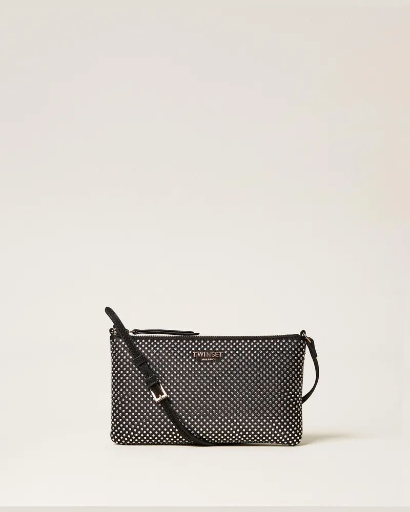 Twin-Set Mini-Umhängetasche aus Satin mit Strass, Damen, Schwarz Schwarz