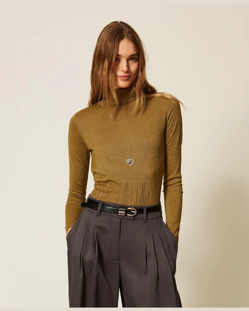 Twin-Set Rollkragenpullover mit Lurex, Damen, Shiny Oil Lurex Shiny