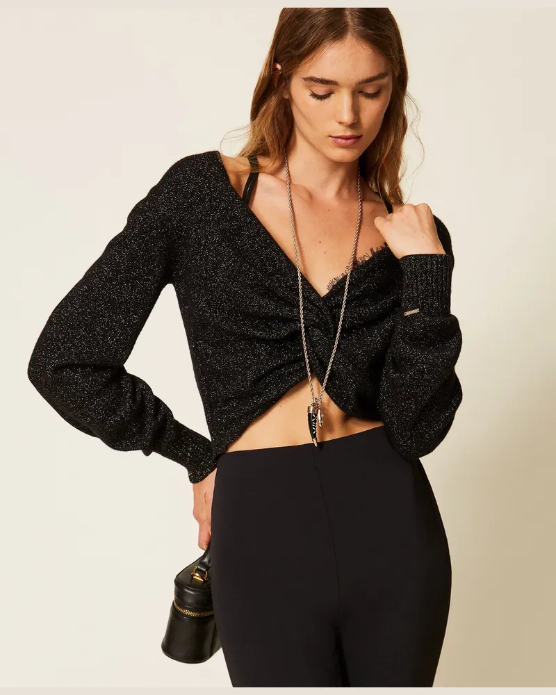 Twin-Set 2-in-1-Pullover aus Wollmischung mit Lurex, Damen, Schwarz / Gold Schwarz