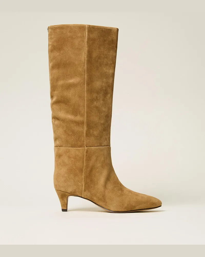 Twin-Set Hoher Stiefel aus Veloursleder „oak“-beige