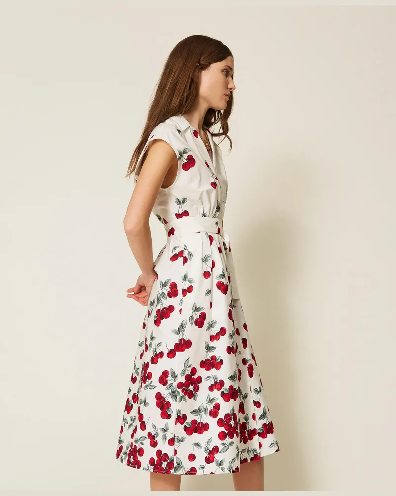 Twin-Set Kleider - Midikleid aus Popeline mit Kirschen-Print, Cherries Degradè White/Red, Baumwolle, Größe Cherries
