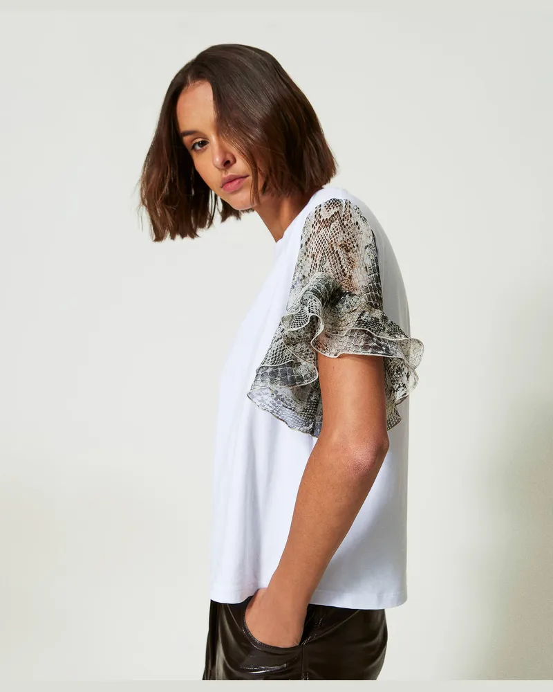 Actitude by Twinset T-Shirts - T-Shirt mit Schlangenprint an den Ärmeln, Zweifarbig „Papers"-Weiß / Print Soft Snake, Animal, Größe: XXS 