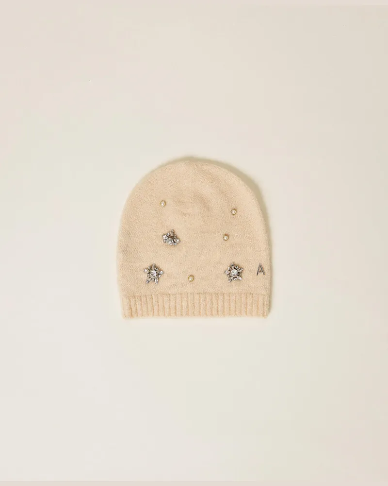 Actitude by Twinset Accessoires - Mütze aus Alpakamischung mit Strass und Perlen, „Crystal Sand"-Beige, Einheitsgröße „crystal