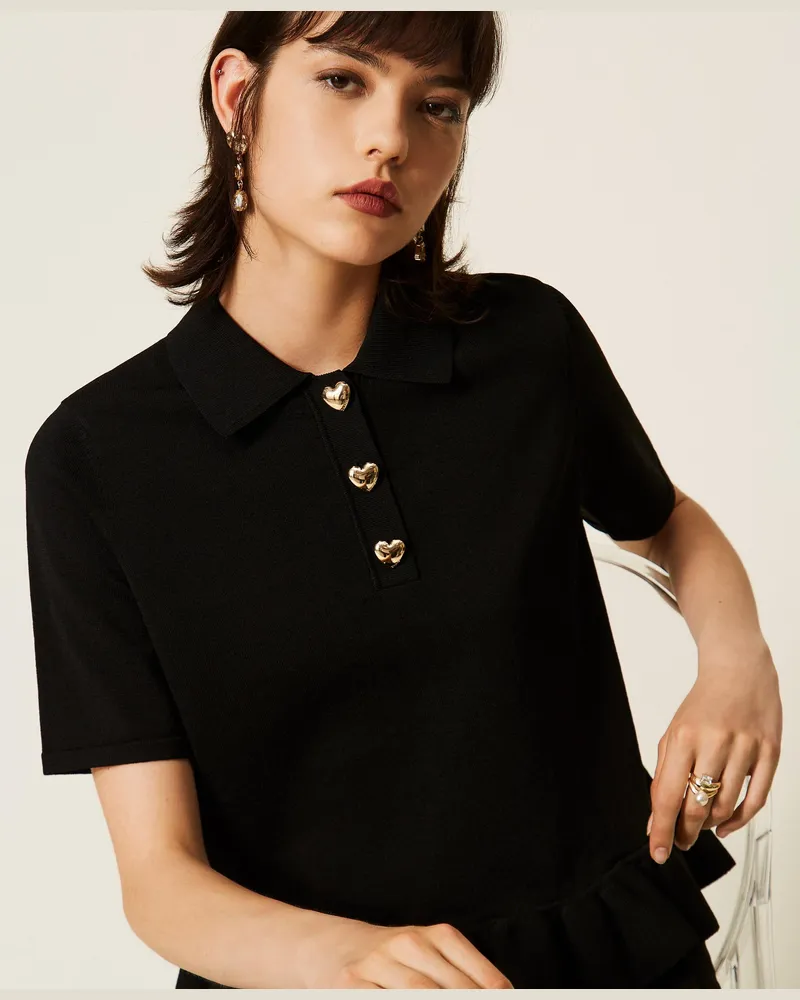 Twin-Set Pullover im Polostil mit Herzknöpfen, Damen, Schwarz Schwarz