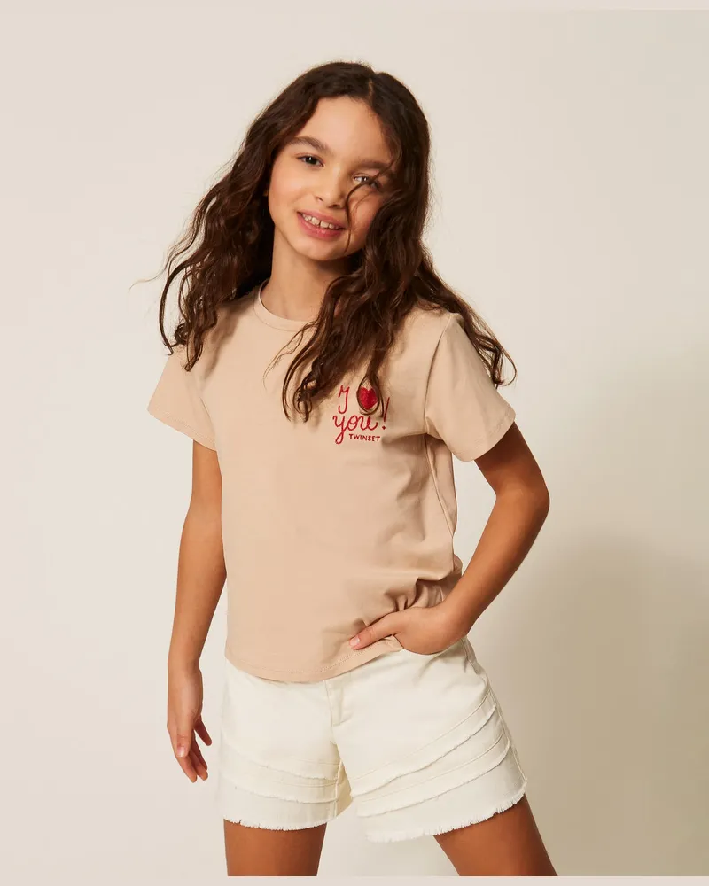 Twin-Set Hosen - Shorts aus Bull-Denim mit Rüschen, Mattweiß, Baumwolle, Größe Mattweiß