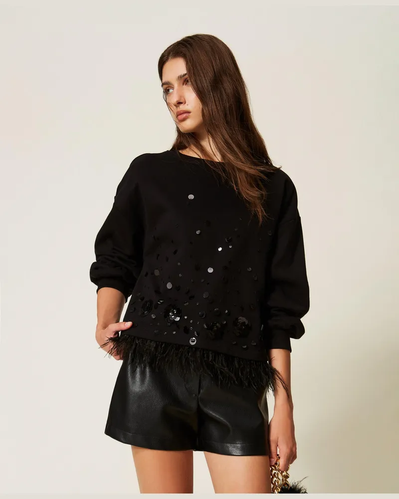 Twin-Set Sweatshirt mit Stickerei und Federn, Damen, Schwarz Schwarz