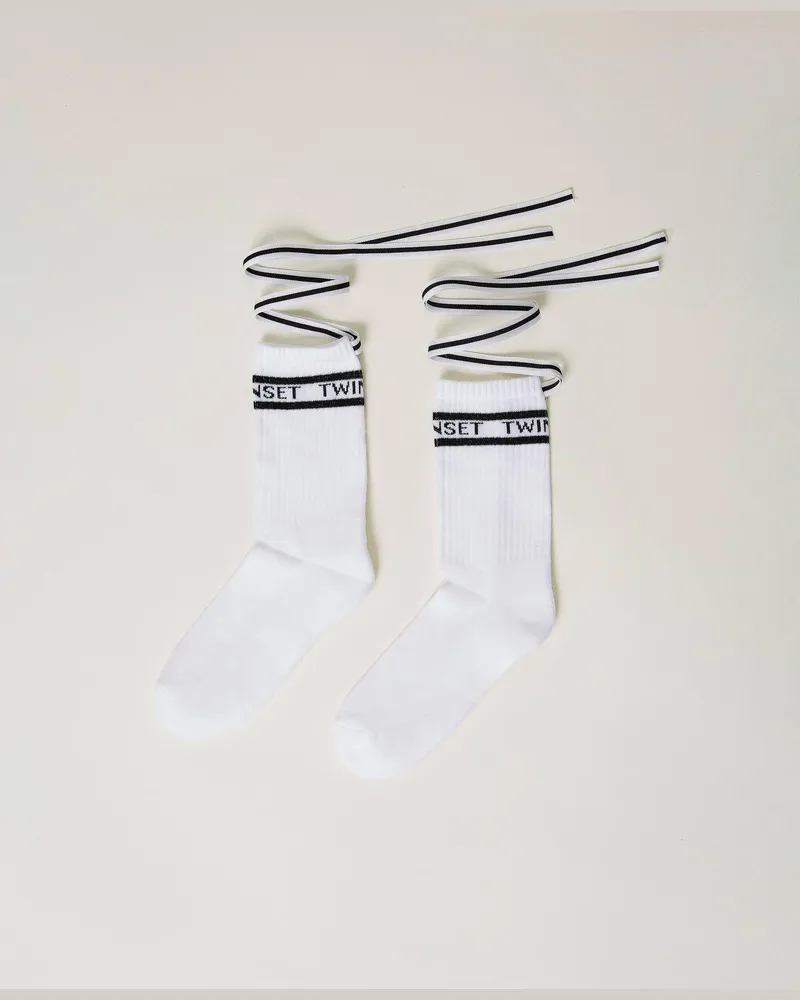 Twin-Set Accessoires - Strümpfe mit Jacquardlogo und Bändchen, Mattweiß, Baumwolle, Größe Mattweiß