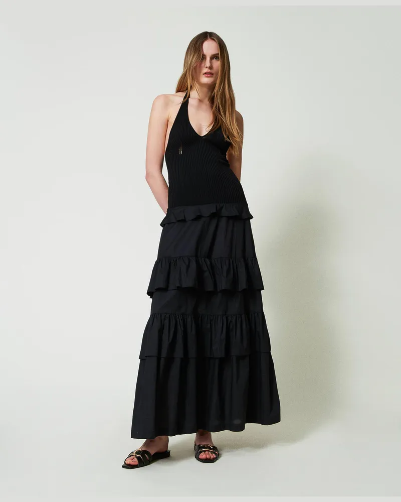 Twin-Set Kleider - Maxikleid aus Gestrick und Musselin, Schwarz, Größe Schwarz