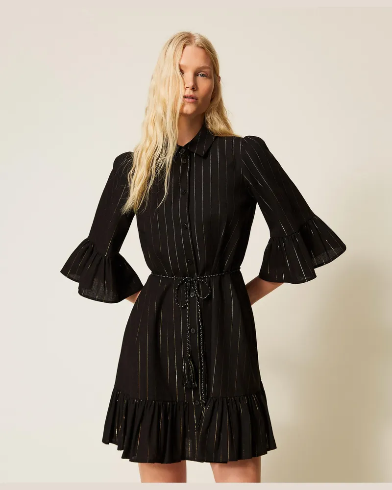 Twin-Set Bademode - Kurzes Kleid im Streifen-Dessin mit Lurex, Schwarz, Gestreift, Größe Schwarz