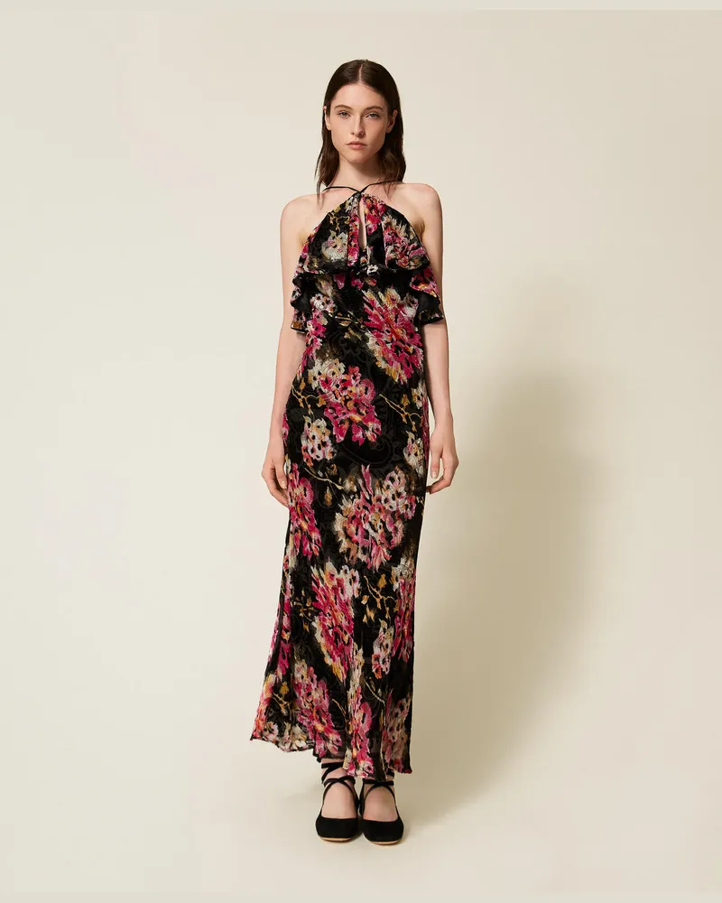 Twin-Set Kleider - Samtkleid aus Seidenmischung mit floralem Dessin, Blumenprint Schwarz / Magenta, Mit Blumen, Größe Blumenprint