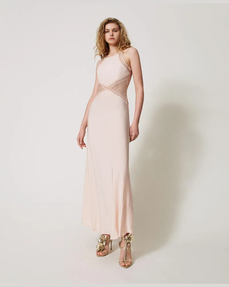 Twin-Set Kleider - Maxi-Neckholderkleid aus Satin mit Spitze, Blütenknospenrosa, Größe Blütenknospenrosa