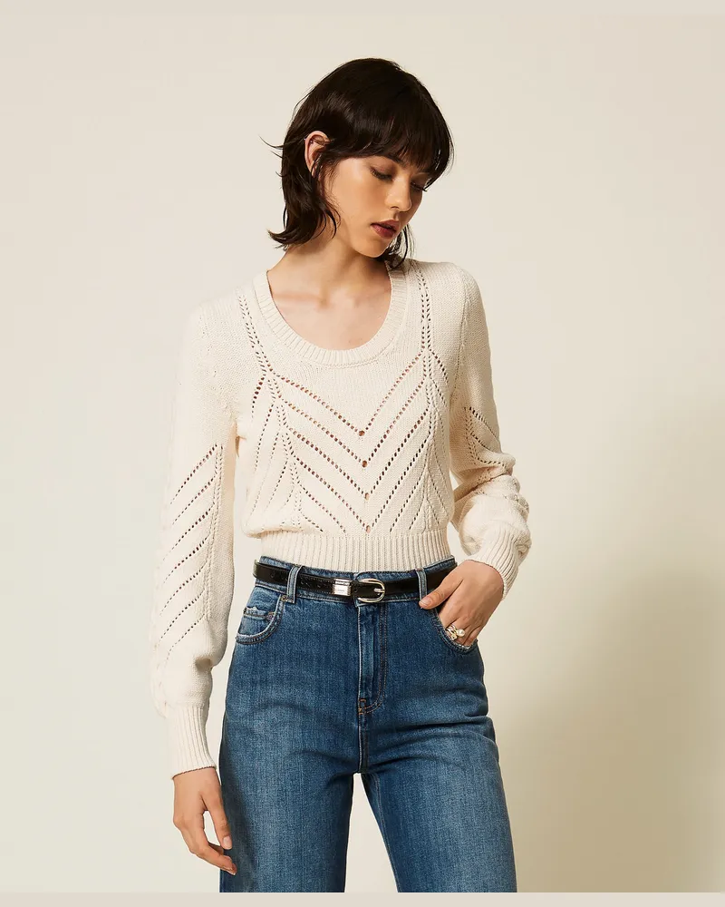 Twin-Set Cropped-Pullover aus Wollmischung mit Chevron-Dessin Parchment-beige