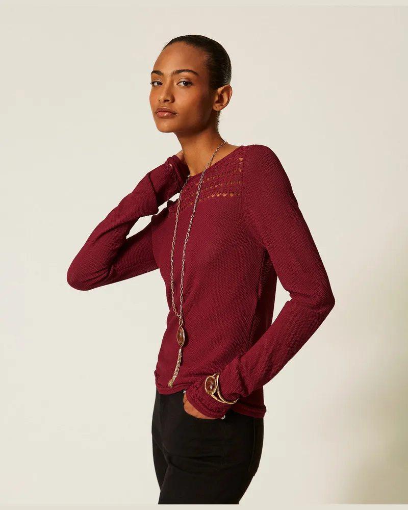 Twin-Set Rundhalspullover mit Zopfmuster Bordeaux