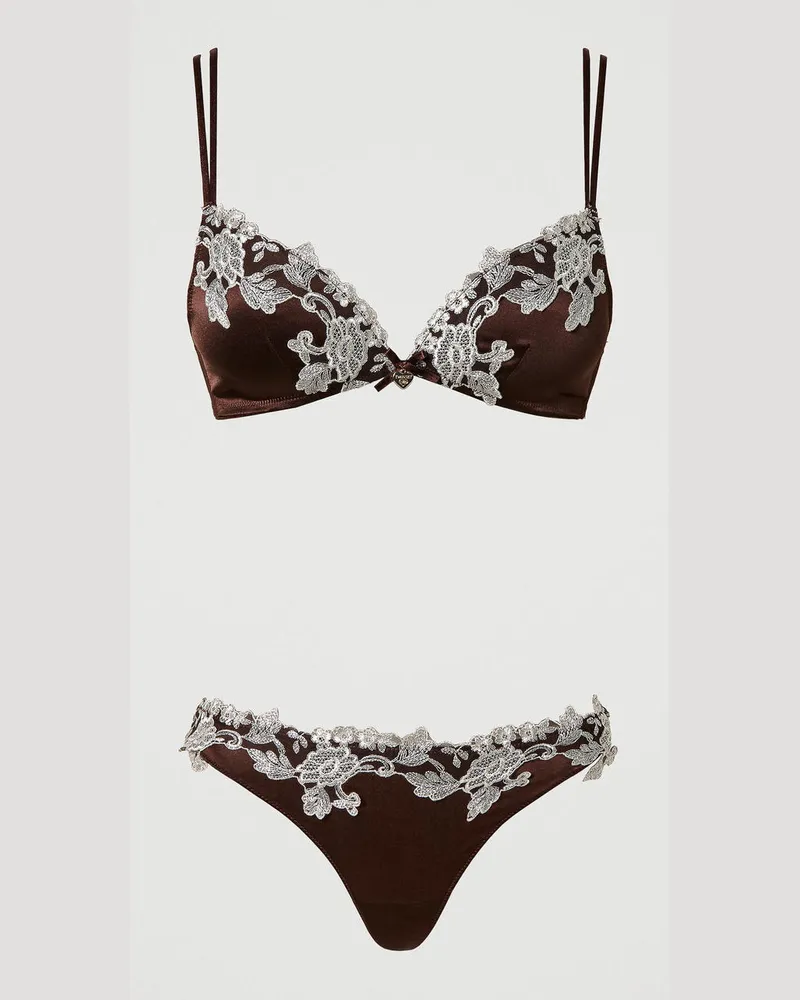 Twin-Set Unterwäsche - Triangel-BH und Tanga aus Seide, Zweifarbig „Coffee Bean"-Braun / Perlmutt, Satin, Größe: 1-C 