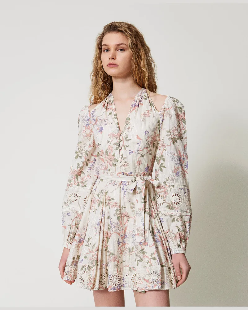 Twin-Set Kleider - Kurzes Musselinkleid mit Stickereien, Multicolor-Blumenprint / Lurex, Mit Blumen, Größe Multicolor-blumenprint