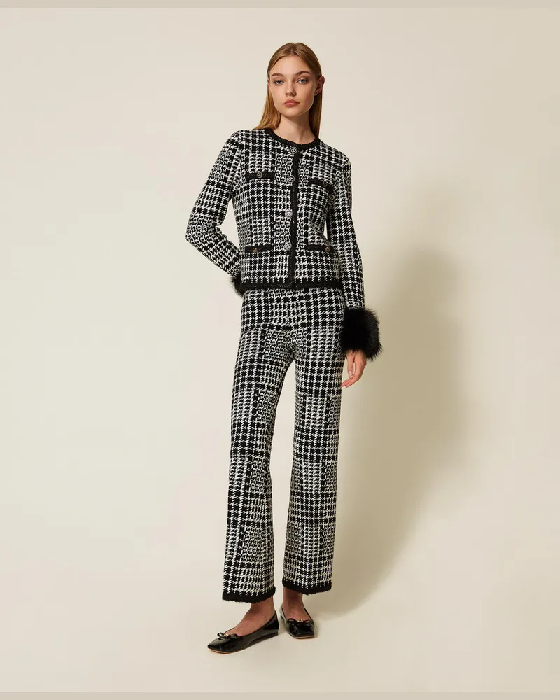 Twin-Set Hosen - Strickhose mit Karomuster, Check Schneeweiß / Schwarz, Kariert, Größe Check