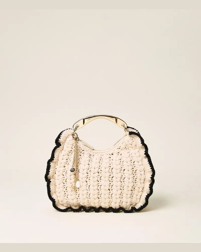 Twin-Set Croissant Tasche im Häkel-Dessin, Damen, Zweifarbig "Parchment"-Beige / Schwarz Zweifarbig