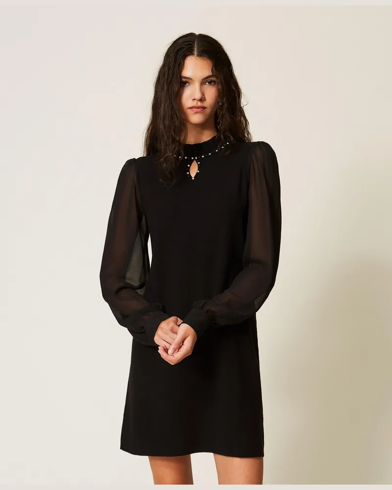 Twin-Set Kurzes Strickkleid mit Volant, Damen, Schwarz Schwarz