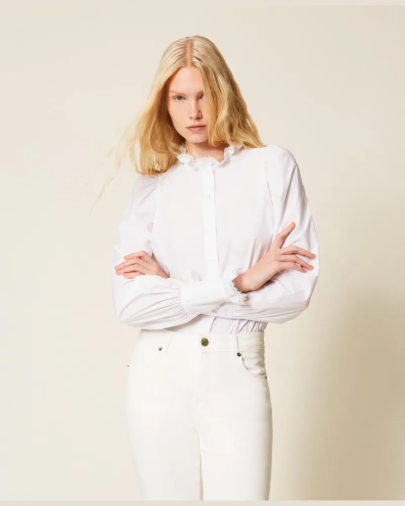 Twin-Set Hemden - Hemdbluse aus Popeline mit Spitze, Weiß, Baumwolle, Größe Weiß