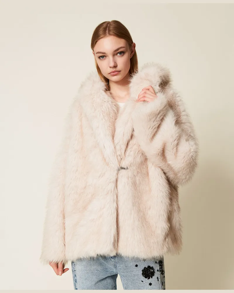 Twin-Set Jacken und Outerwear - Caban aus Kunstpelz mit Kapuze, „Plaster"-Beige, Pelzimitat, Größe „plaster“-beige