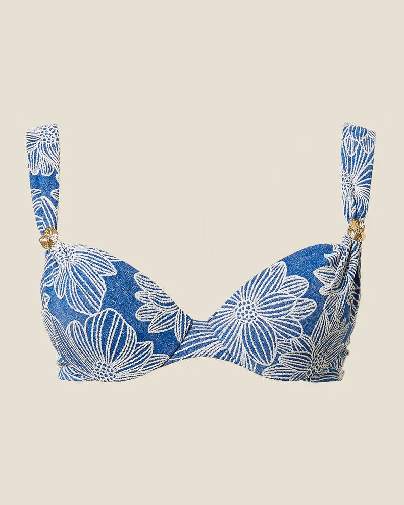 Twin-Set Bademode - Push-up-Bikinitop aus Jacquard mit Perle, Jacquard Mittelmeerblau/Off White, Mit Blumen, Größe Jacquard
