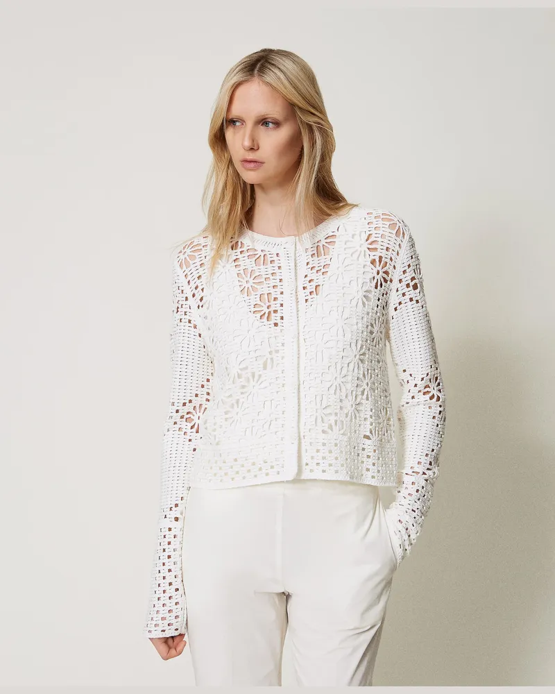 Twin-Set Jacken und Outerwear - Häkeljacke mit Blumendessin, Weiß Schnee, Baumwolle, Größe Weiß
