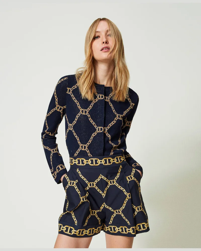 Twin-Set Hosen - Popelineshorts mit Kettenprint, Print Kettenmix Rand Blau, Baumwolle, Größe Print