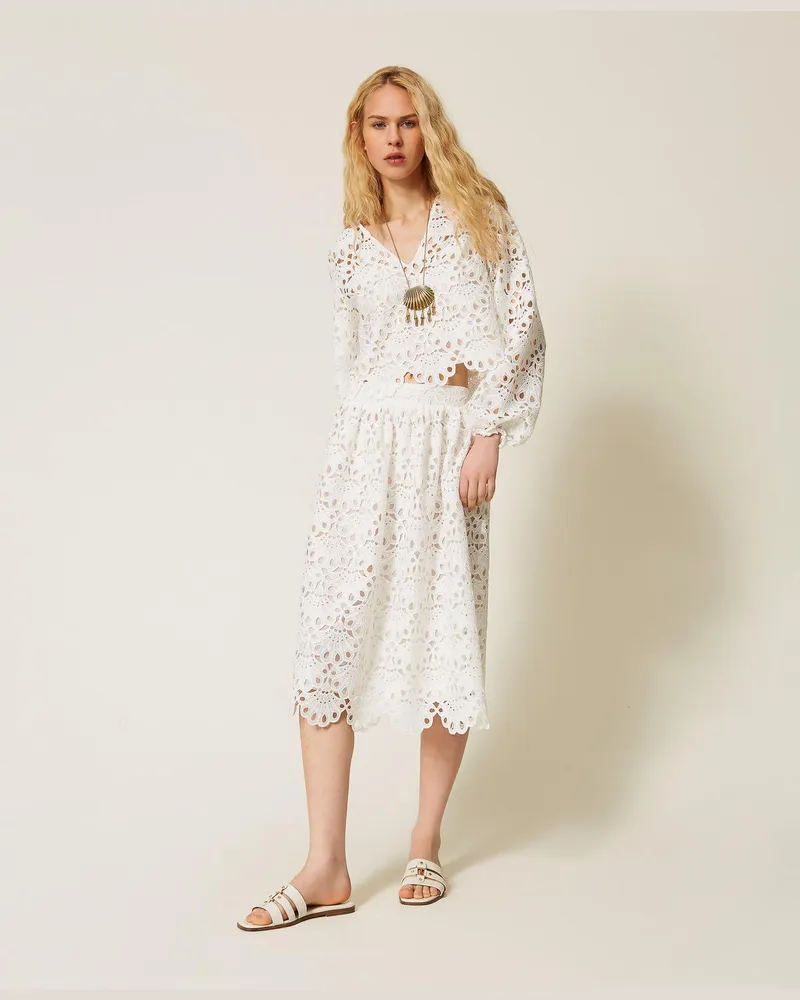 Twin-Set Röcke - Midirock aus Makramee, Mattweiß, Spitze, Größe Mattweiß