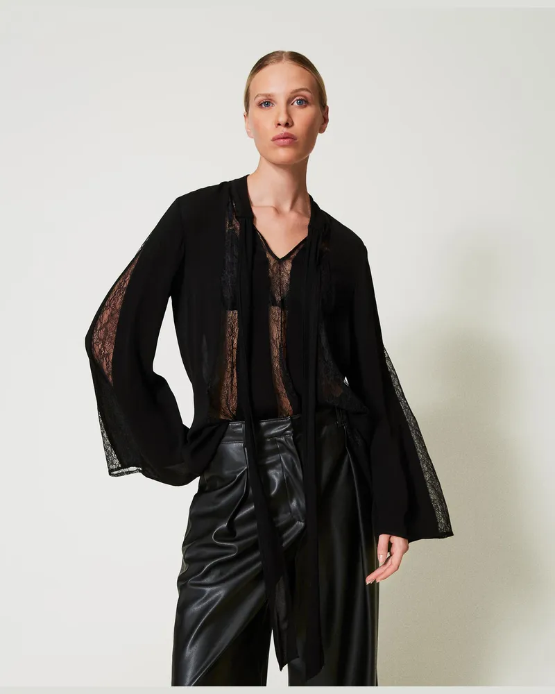 Twin-Set Kleider - Tunika aus Krepp mit Spitze, Schwarz, Größe Schwarz