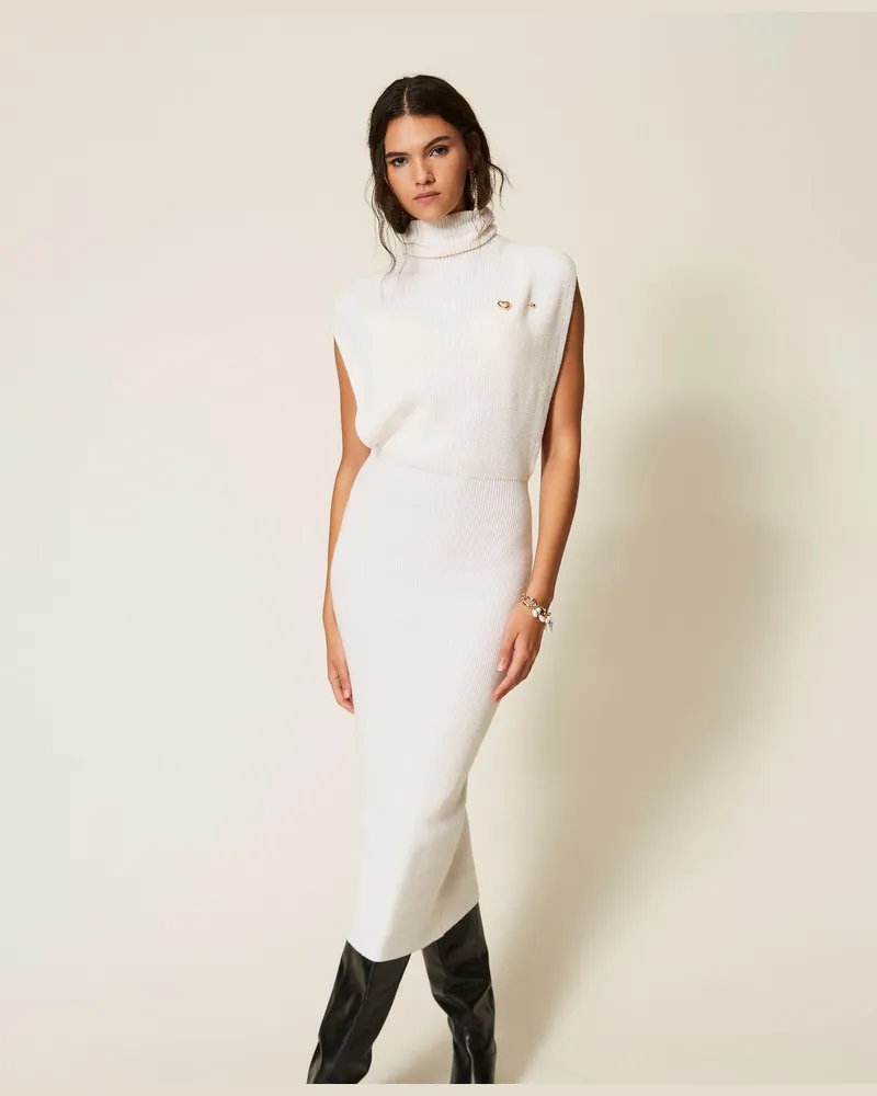 Twin-Set Maxi-Strickkleid aus Wollmischung mit Brosche Perlmutt
