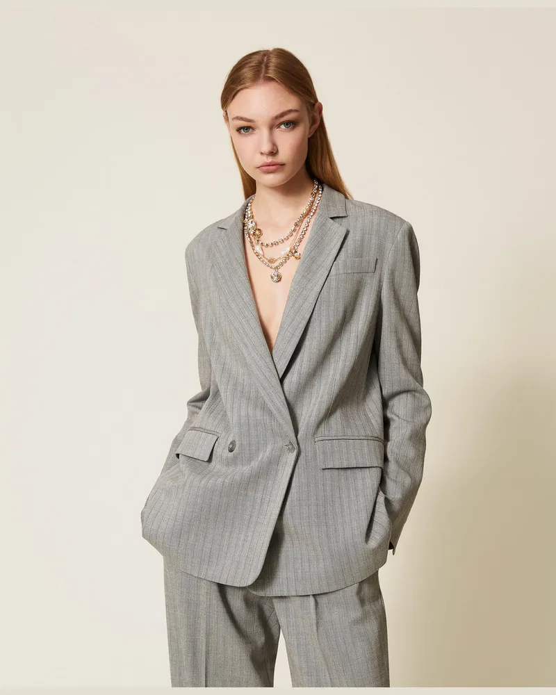 Twin-Set Jacken und Outerwear - Tailoring-Blazer aus Wollmischung, Nadelstreifen Hellgrau, Gestreift, Größe Nadelstreifen