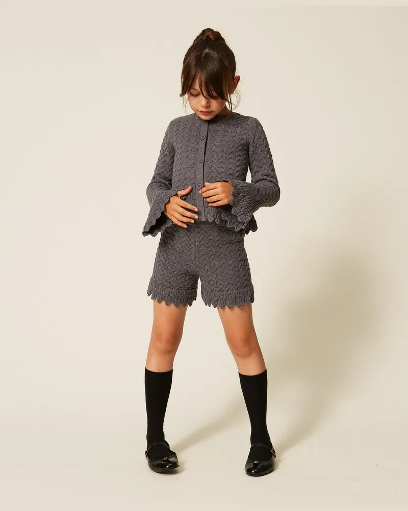 Twin-Set Strick-Shorts mit Zopfmuster, Damen, Meliertes Dunkelgrau Meliertes