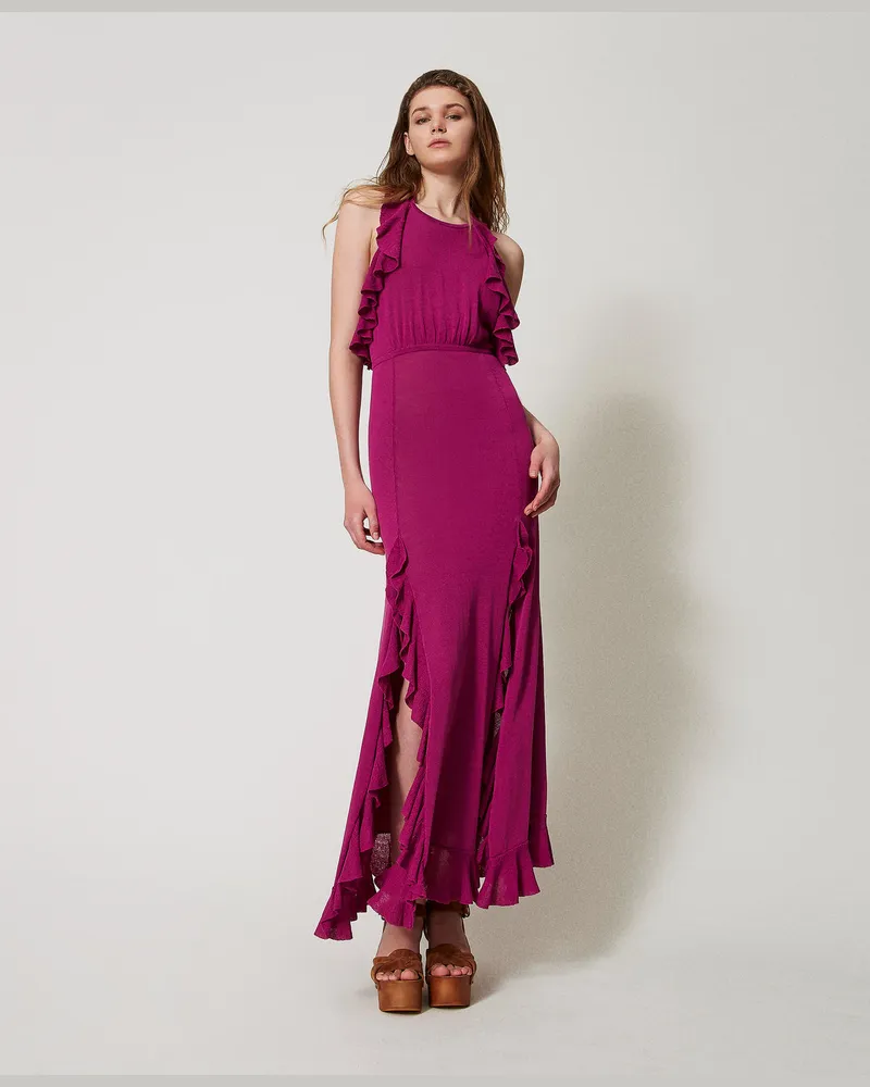 Twin-Set Kleider - Maxistrickkleid mit Volants, „Red Plum"-Violett, Größe „red