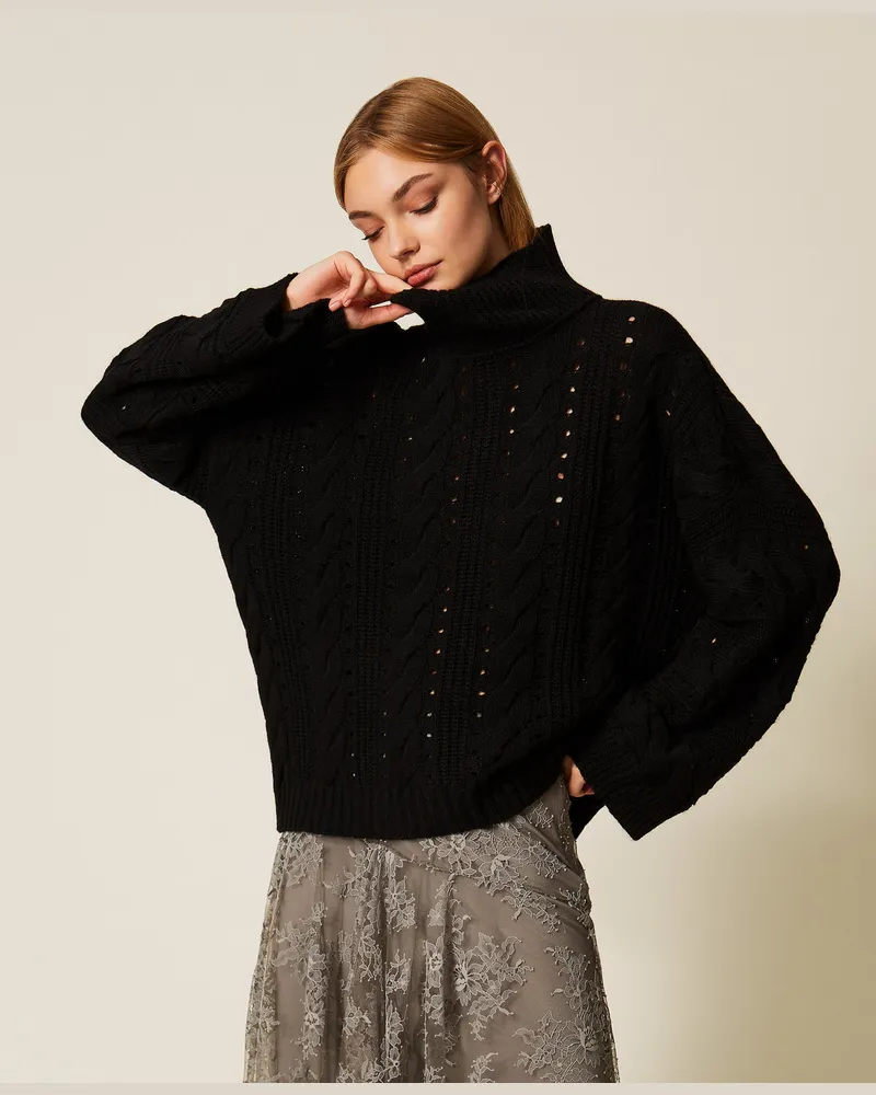Twin-Set Longpullover aus Wollmischung mit Zöpfen, Schwarz, Wolle, Größe: XS/S 