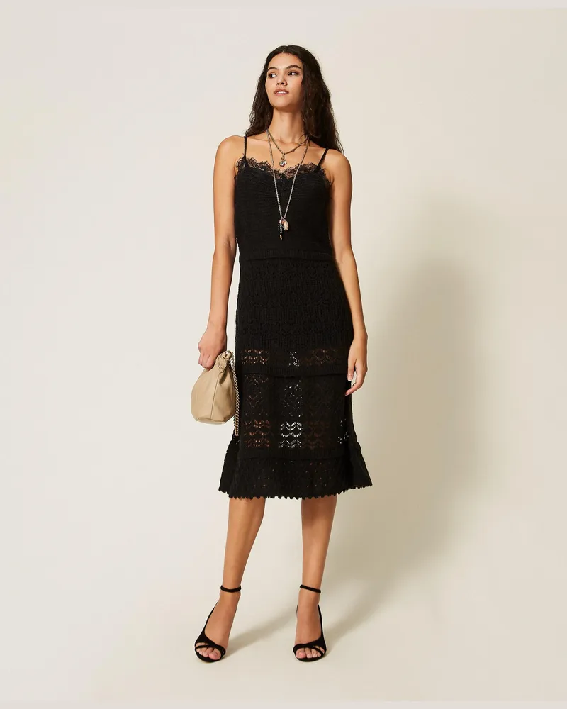 Twin-Set Maxikleid aus Strickgewebe mit Spitze, Damen, Schwarz Schwarz
