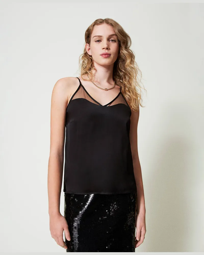 Twin-Set Tops - Top aus Satin und Tüll, Schwarz, Größe: 50 