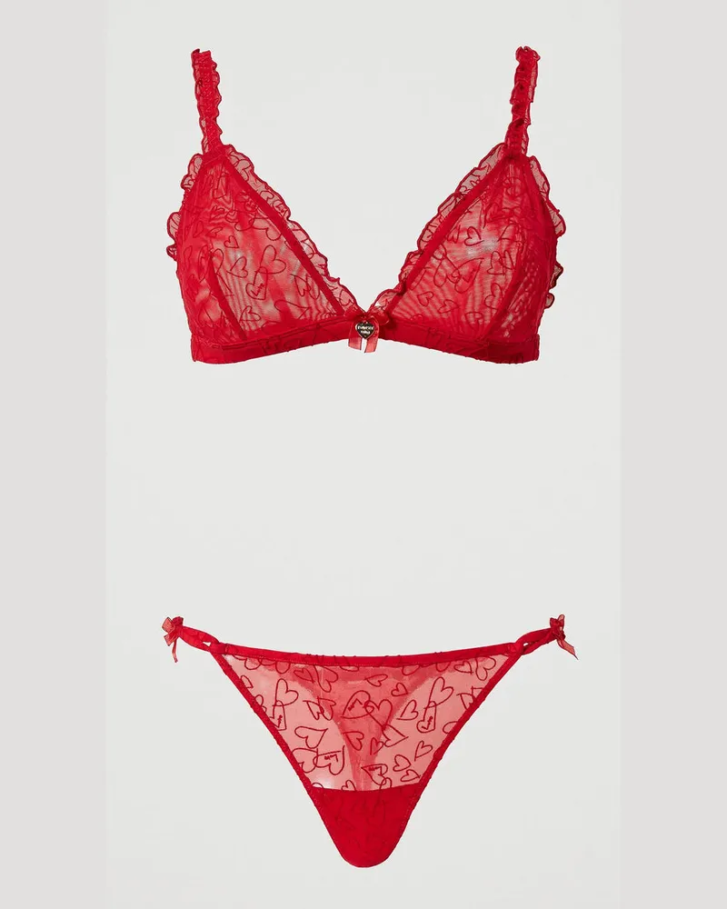 Twin-Set Unterwäsche - Triangel-BH und Tanga aus Tüll, Feuerrot, Mit Herzen, Größe: 4-B 